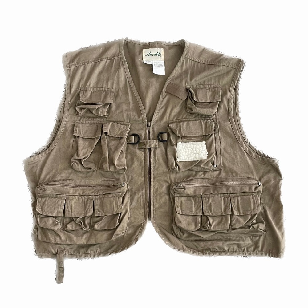 Vintage Ausable Fly Fishing Vest Multiple Pockets Zip Up Tan Men's Sz 2XL